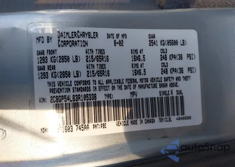 2003 Chrysler Town & Country Lxi z USA, uszkodzony, nr VIN 2C8GP54L63R105338